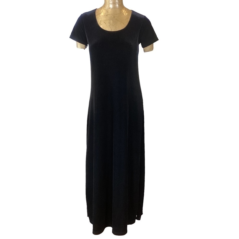 Vintage Cassini Black Velvet Short Sleeve Maxi Dress Side Slits Spandex M #302B